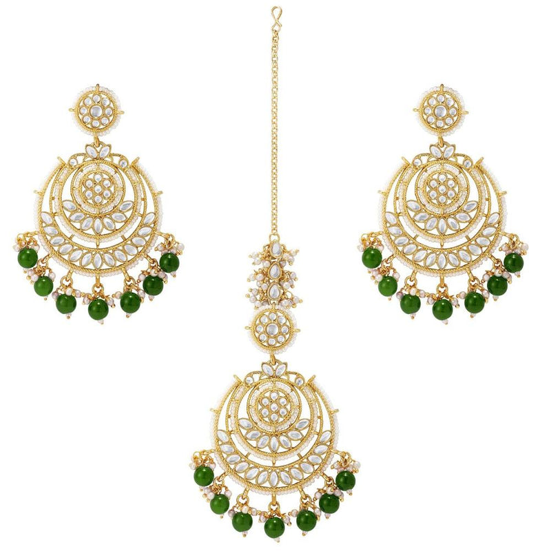 Etnico Gold Plated Traditional Big Kundan & Pearl Chandbali Earrings with Maang Tikka Set for Women/Girls (TE3002G-1)