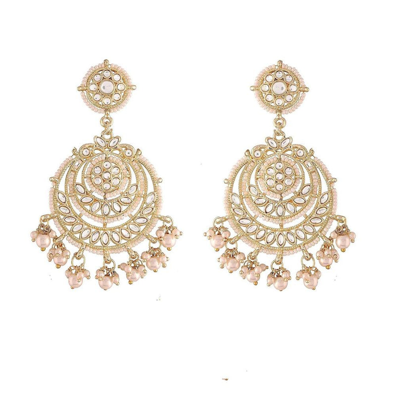 Etnico Gold Plated Traditional Big Kundan & Pearl Chandbali Earrings with Maang Tikka Set for Women/Girls (TE3002W)