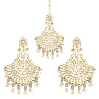 Etnico Gold Plated Traditional Big Kundan & Pearl Chandbali Earrings with Maang Tikka Set for Women/Girls (TE3013Gr)