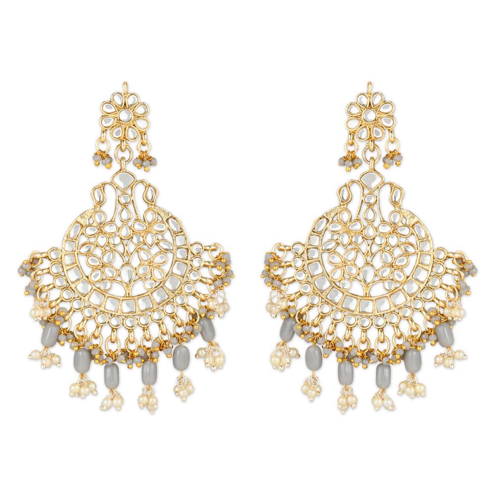 Etnico Gold Plated Traditional Big Kundan & Pearl Chandbali Earrings with Maang Tikka Set for Women/Girls (TE3013Gr)