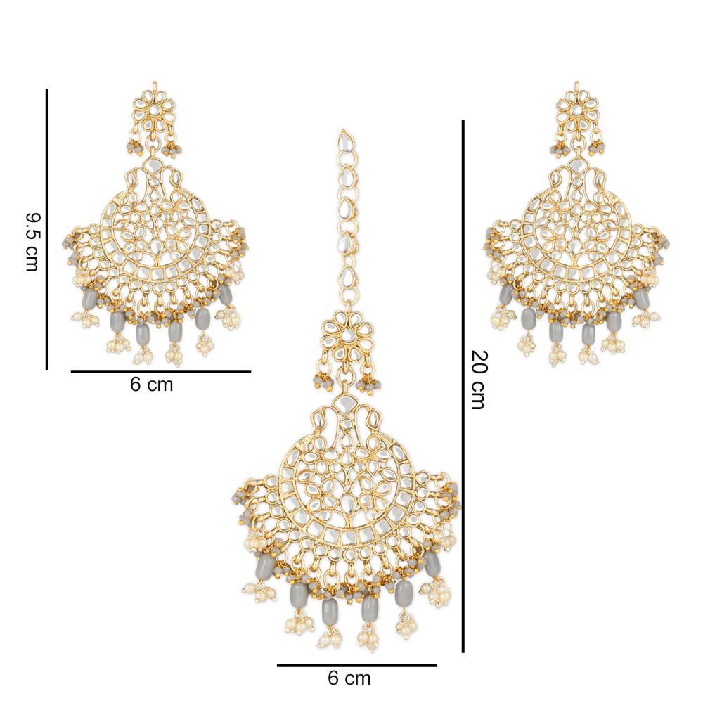 Etnico Gold Plated Traditional Big Kundan & Pearl Chandbali Earrings with Maang Tikka Set for Women/Girls (TE3013Gr)