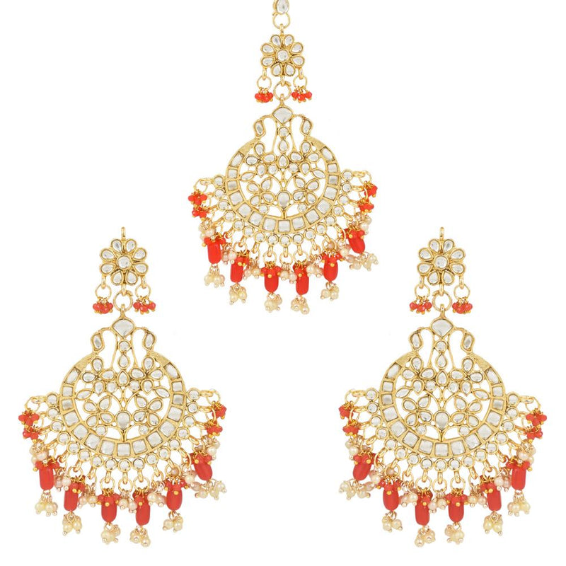 Etnico Gold Plated Traditional Big Kundan & Pearl Chandbali Earrings with Maang Tikka Set for Women/Girls (TE3013R)