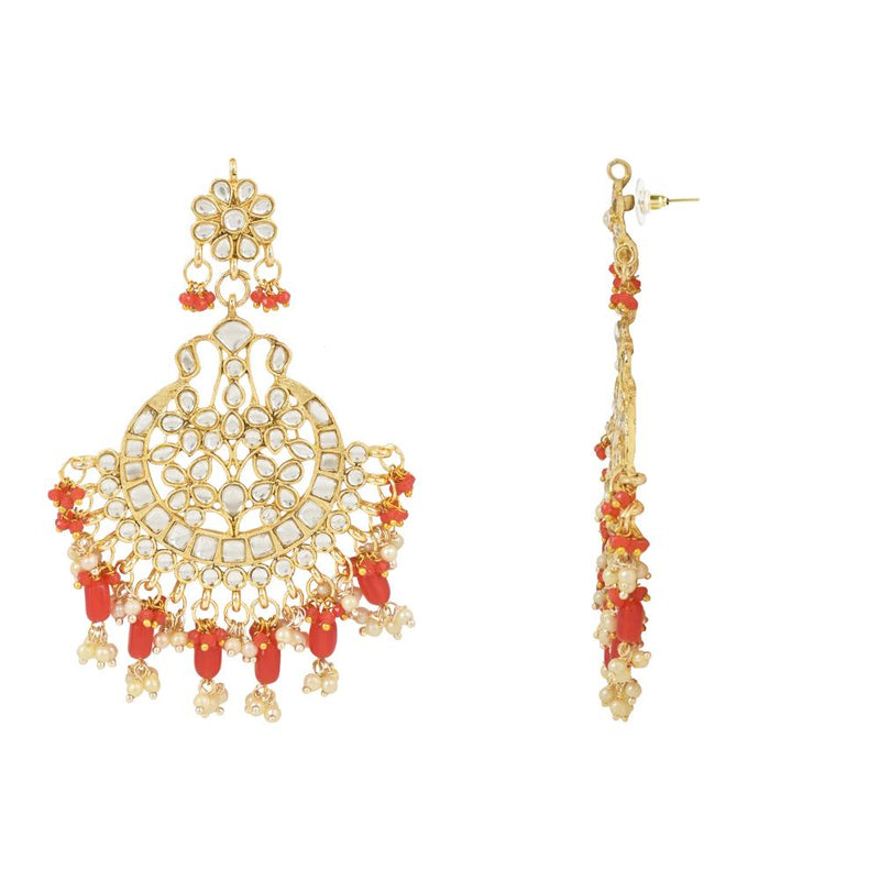 Etnico Gold Plated Traditional Big Kundan & Pearl Chandbali Earrings with Maang Tikka Set for Women/Girls (TE3013R)