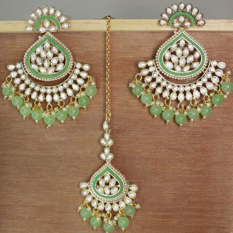 Etnico Gold Plated Traditional Kundan & Pearl Chandbali Earrings with Maang Tikka Set for Women/Girls (TE3015Min)