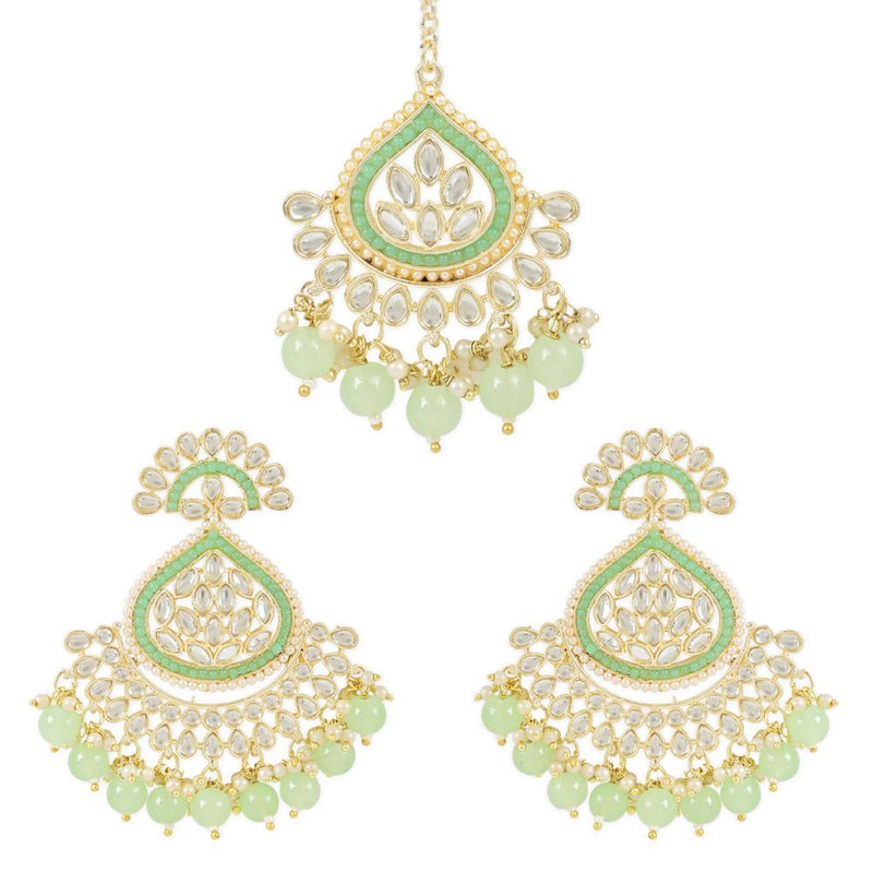 Etnico Gold Plated Traditional Kundan & Pearl Chandbali Earrings with Maang Tikka Set for Women/Girls (TE3015Min)