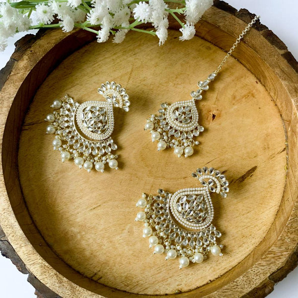 Etnico Gold Plated Traditional Kundan & Pearl Chandbali Earrings With Maang Tikka Set For Women/Girls (TE3015W)