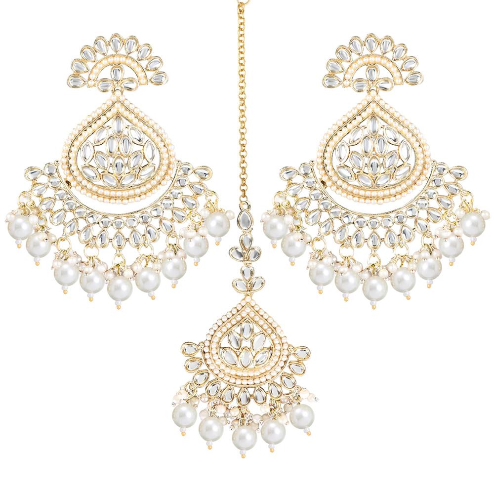 Etnico Gold Plated Traditional Kundan & Pearl Chandbali Earrings With Maang Tikka Set For Women/Girls (TE3015W)
