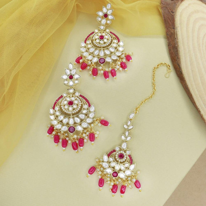 Etnico Gold Plated Traditional Kundan & Pearl Chandbali Earrings with Maang Tikka Set for Women/Girls (TE3019Q)