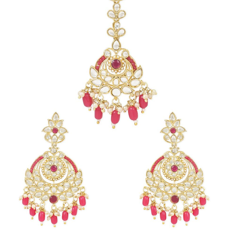 Etnico Gold Plated Traditional Kundan & Pearl Chandbali Earrings with Maang Tikka Set for Women/Girls (TE3019Q)