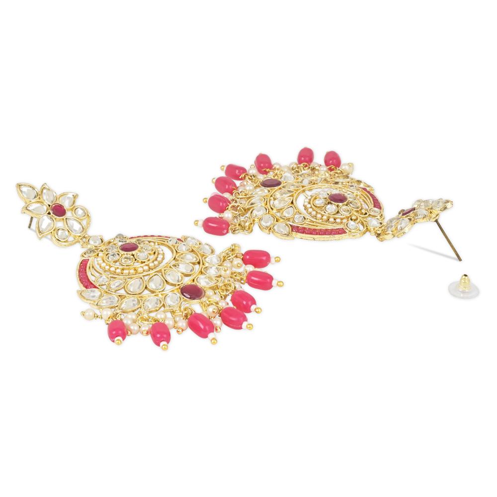 Etnico Gold Plated Traditional Kundan & Pearl Chandbali Earrings with Maang Tikka Set for Women/Girls (TE3019Q)