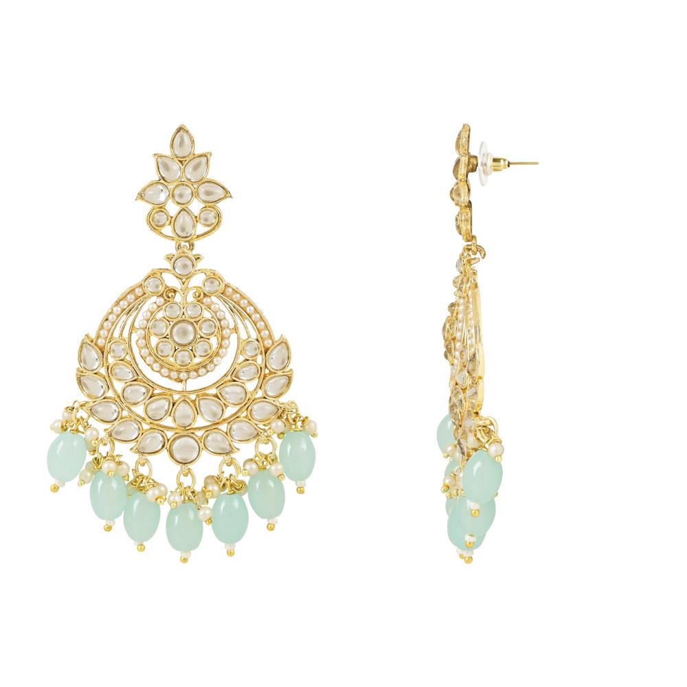 Etnico Gold Plated Traditional Kundan & Pearl Chandbali Earrings With Maang Tikka Set For Women/Girls (TE3020Sb)