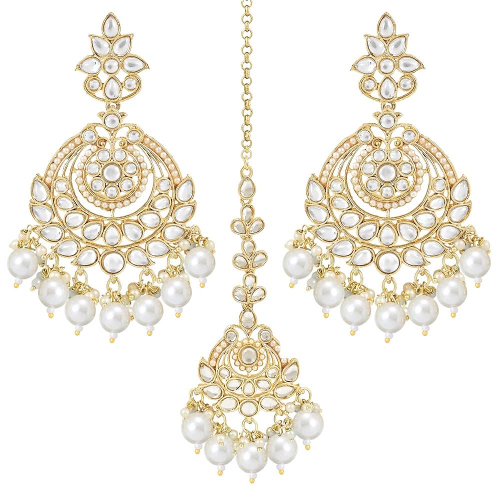 Etnico Gold Plated Traditional Kundan & Pearl Chandbali Earrings With Maang Tikka Set For Women/Girls (TE3020W)