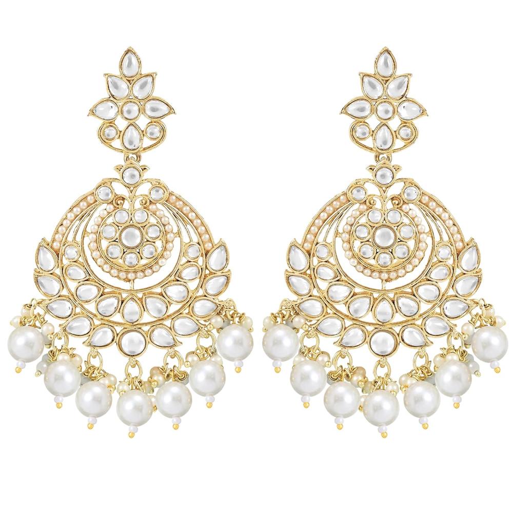 Etnico Gold Plated Traditional Kundan & Pearl Chandbali Earrings With Maang Tikka Set For Women/Girls (TE3020W)