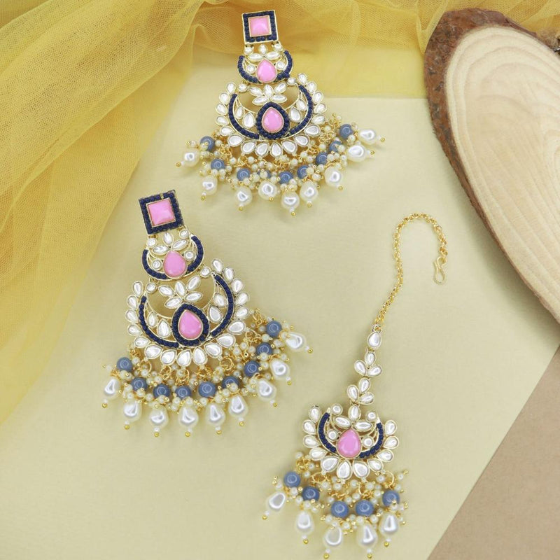 Etnico Gold Plated Traditional Kundan & Pearl Chandbali Earrings with Maang Tikka Set for Women/Girls (TE3021Pemt)