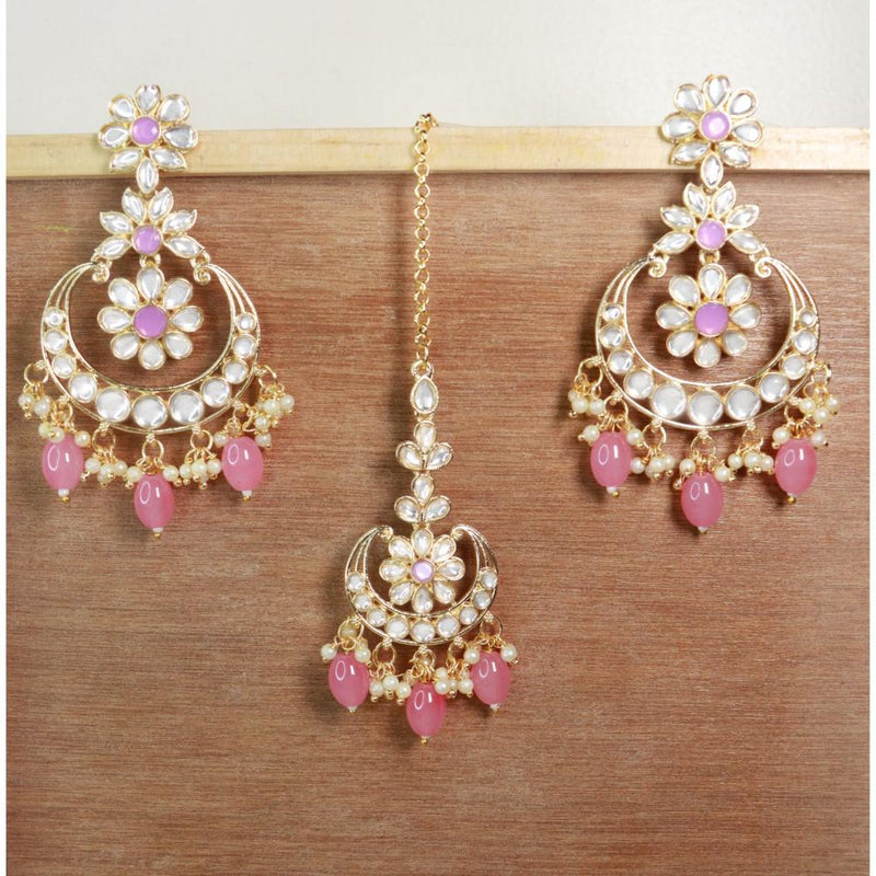 Etnico Gold Plated Traditional Kundan & Pearl Chandbali Earrings with Maang Tikka Set for Women/Girls (TE3023Pi)