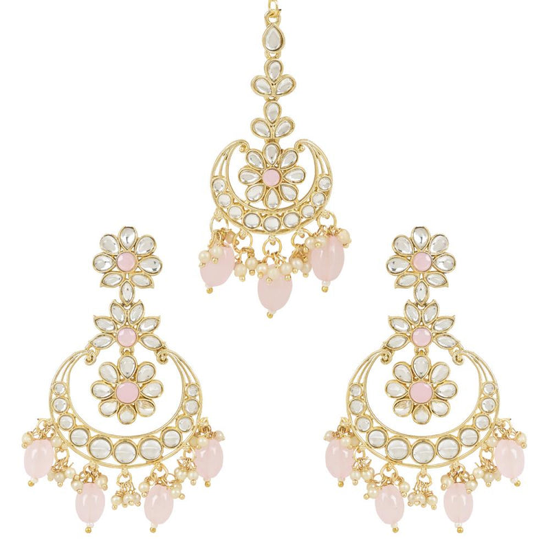 Etnico Gold Plated Traditional Kundan & Pearl Chandbali Earrings with Maang Tikka Set for Women/Girls (TE3023Pi)