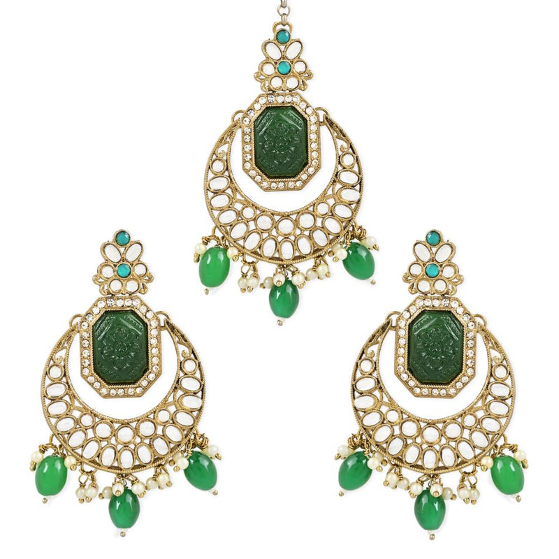 Etnico Gold Plate Traditional Pearl Hanging Kundan Stone Chandbali Earring With Maang Tikka For Women/Girls (TE3026G)