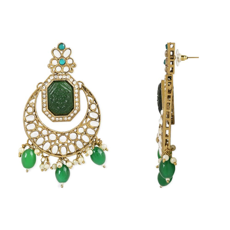 Etnico Gold Plate Traditional Pearl Hanging Kundan Stone Chandbali Earring With Maang Tikka For Women/Girls (TE3026G)