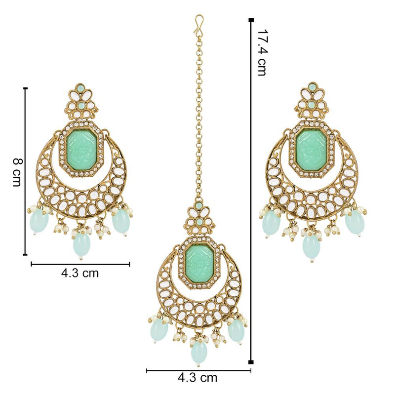 Etnico Gold Plated Traditional Pearl Hanging Kundan Stone Chandbali Earring With Maang Tikka For Women/Girls (TE3026Sb)