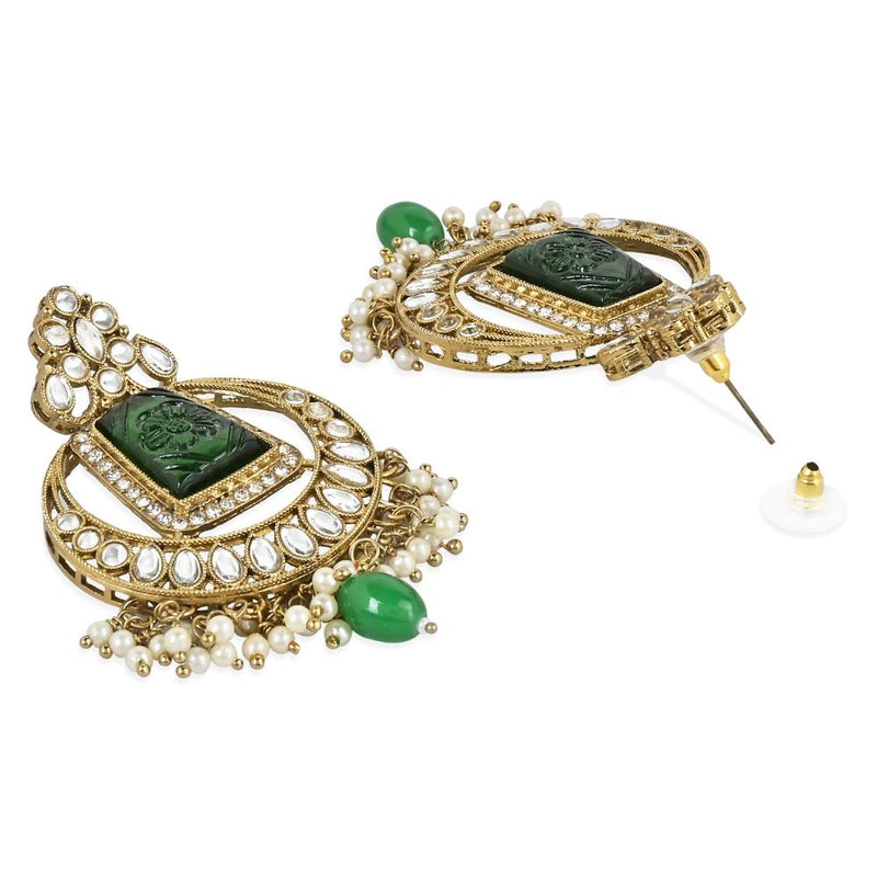 Etnico Gold Plated Traditional Pearl Hanging Kundan Stone Chandbali Earring With Maang Tikka For Women/Girls (TE3028G)