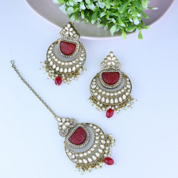 Etnico Gold Plated Traditional Pearl Hanging Kundan Stone Chandbali Earring With Maang Tikka For Women/Girls(TE3029R)