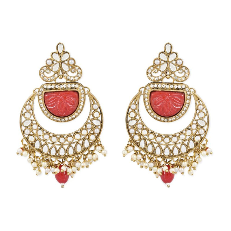 Etnico Gold Plated Traditional Pearl Hanging Kundan Stone Chandbali Earring With Maang Tikka For Women/Girls(TE3029R)