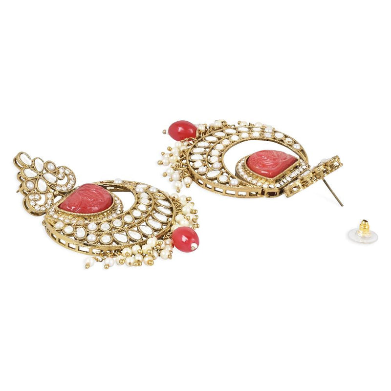 Etnico Gold Plated Traditional Pearl Hanging Kundan Stone Chandbali Earring With Maang Tikka For Women/Girls(TE3029R)