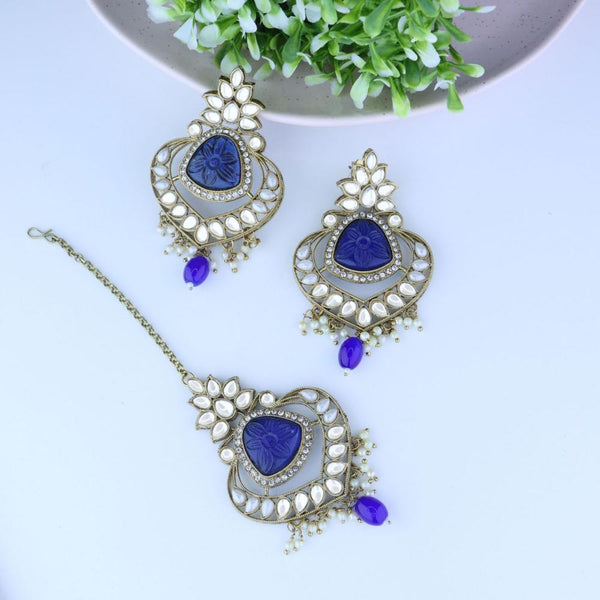 Etnico Gold Plated Traditional Kundan Pearl Chandbali Earrings With Maang Tikka For Women/Girls (TE3031) (Blue)