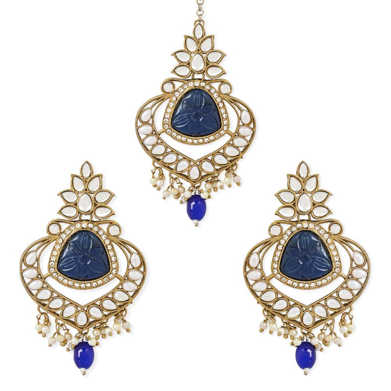 Etnico Gold Plated Traditional Kundan Pearl Chandbali Earrings With Maang Tikka For Women/Girls (TE3031) (Blue)