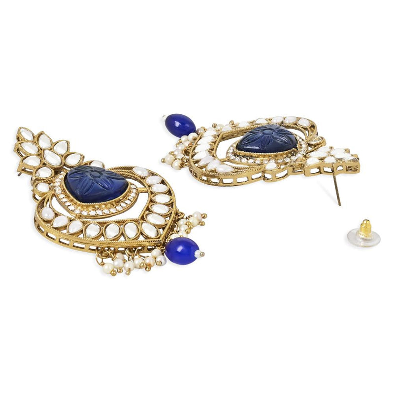 Etnico Gold Plated Traditional Kundan Pearl Chandbali Earrings With Maang Tikka For Women/Girls (TE3031) (Blue)