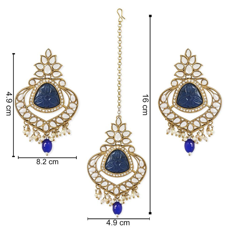 Etnico Gold Plated Traditional Kundan Pearl Chandbali Earrings With Maang Tikka For Women/Girls (TE3031) (Blue)