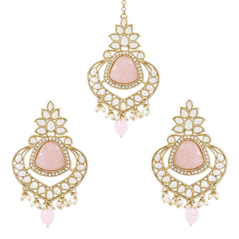 Etnico Gold Plated Traditional Pearl Hanging Kundan Stone Chandbali Earring With Maang Tikka For Women/Girls(TE3031Pi)