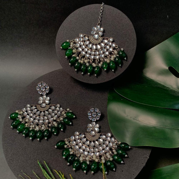 Etnico Ethnic Stylish Silver Oxidised Kundan Pearl Chandbali Earrings With Maang Tikka Set For Women And Girls (TE3106ZG)