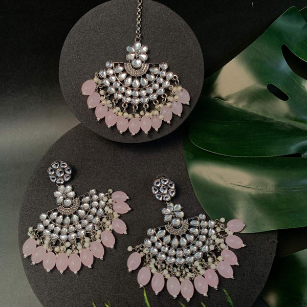 Etnico Ethnic Stylish Silver Oxidised Kundan Pearl Chandbali Earrings With Maang Tikka Set For Women And Girls (TE3106ZPi)