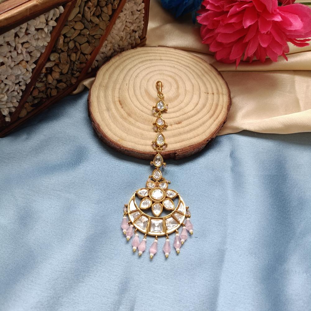 Arham Gold Plated Polki Kundan And Pearl Beads Maangtikka
