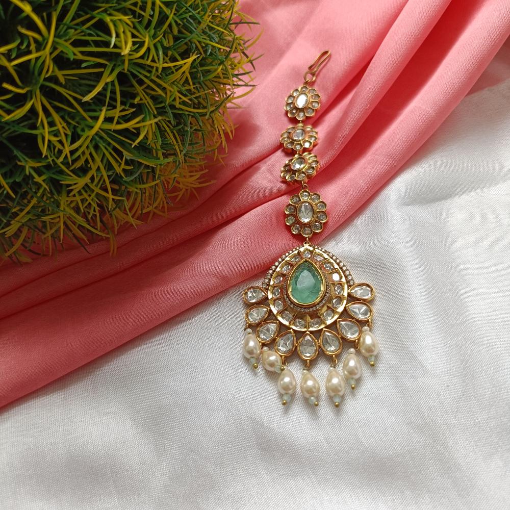 Arham Gold Plated Polki Kundan And Pearl Beads Maangtikka