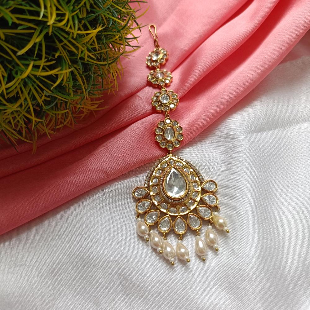 Arham Gold Plated Polki Kundan And Pearl Beads Maangtikka
