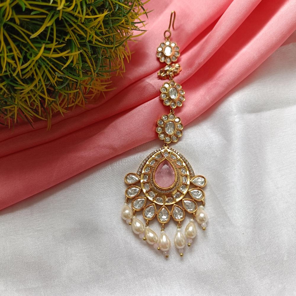 Arham Gold Plated Polki Kundan And Pearl Beads Maangtikka