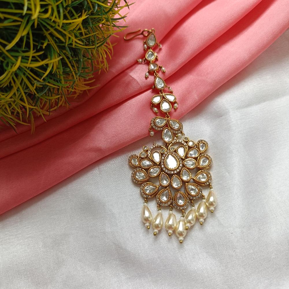 Arham Gold Plated Polki Kundan And Pearl Beads Maangtikka