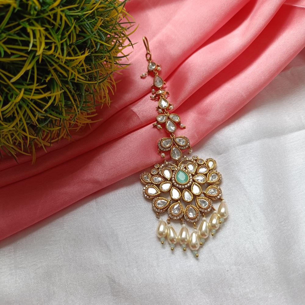 Arham Gold Plated Polki Kundan And Pearl Beads Maangtikka