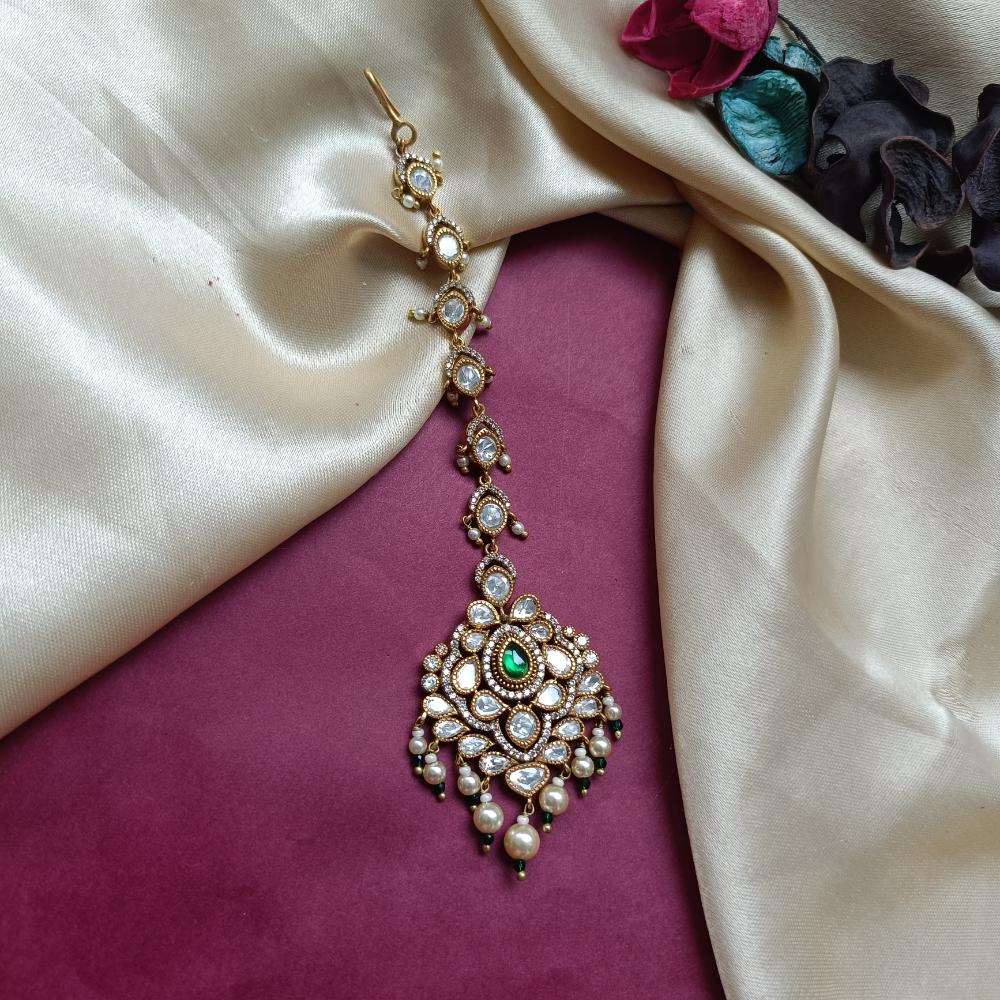 Arham Gold Plated Polki Kundan And Pearl Beads Maangtikka