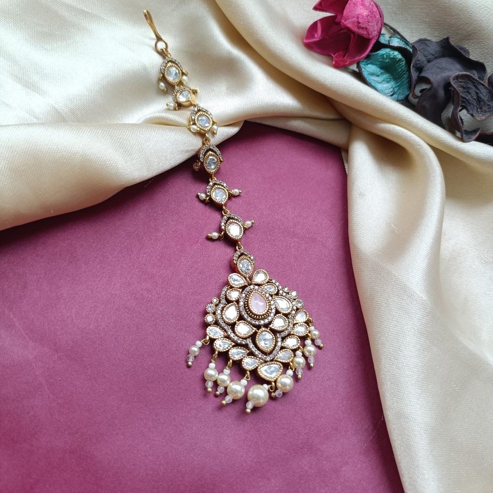 Arham Gold Plated Polki Kundan And Pearl Beads Maangtikka