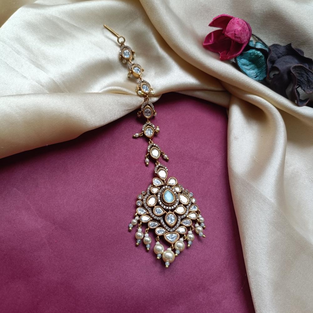 Arham Gold Plated Polki Kundan And Pearl Beads Maangtikka