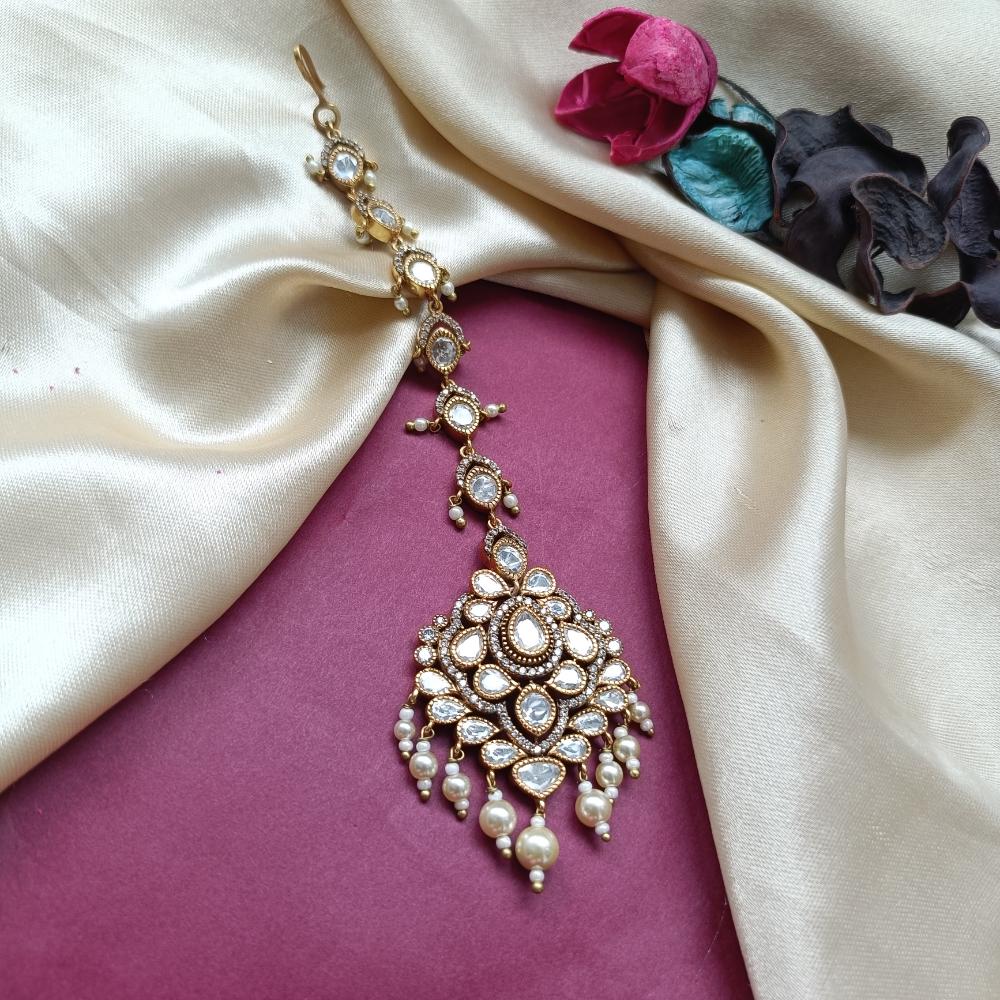 Arham Gold Plated Polki Kundan And Pearl Beads Maangtikka