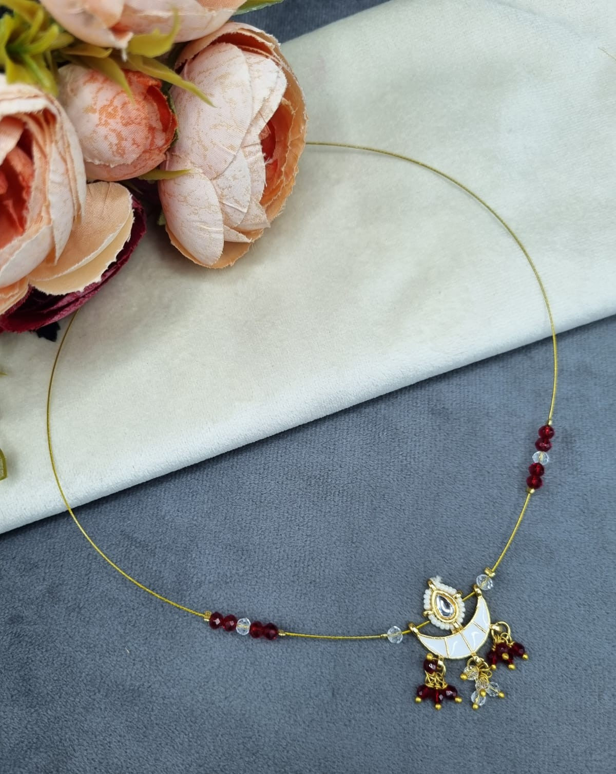 LAFZ  Invisible Wire Crescent Pendant Necklace with Beaded Accents - TM600
