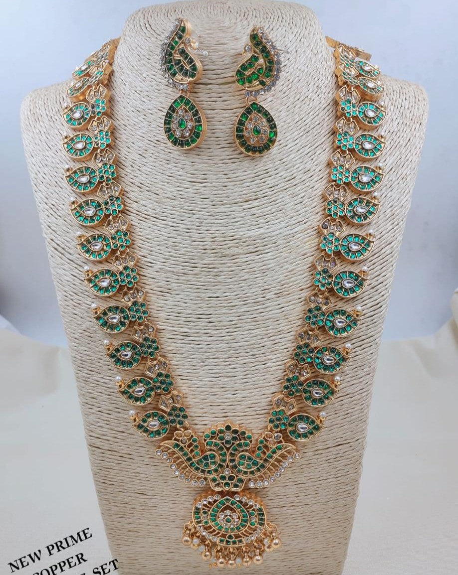 LAFZ  Royal Emerald  Peacock Long Haram Necklace Set with Matching Earrings - TM605