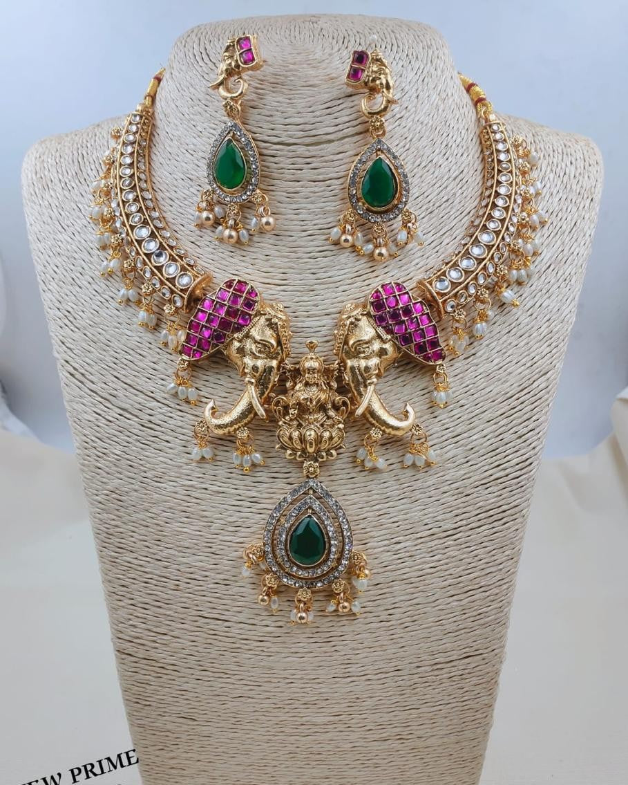 LAFZ  Royal Divine Laxmi Elephant Temple Choker Necklace Set with Earrings - TM606