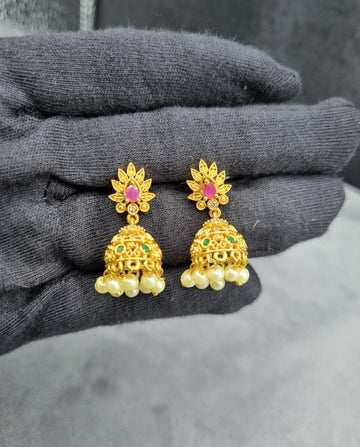 LAFZ Multi-Stone AD Lotus Pearls Drop Earrings