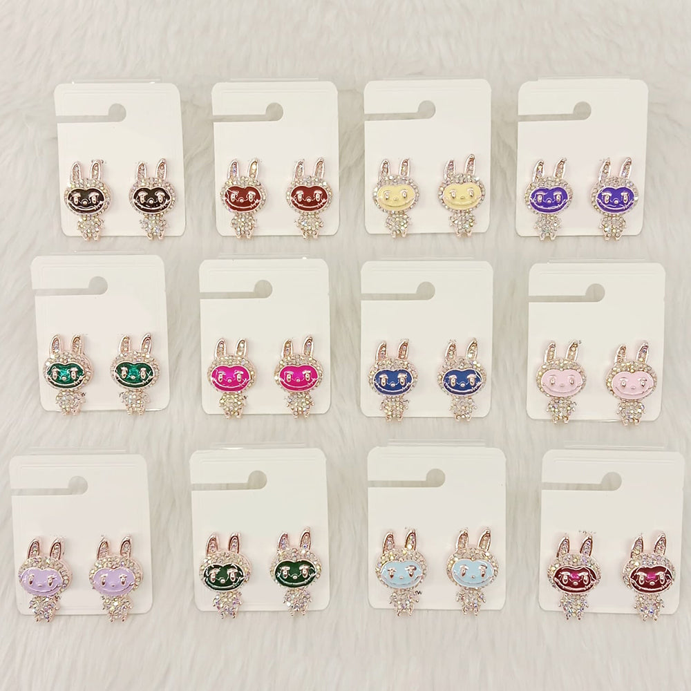 Dhwani Cartoon Style Colorful Labubu Meenakari Studs Earrings(Pack of 12)