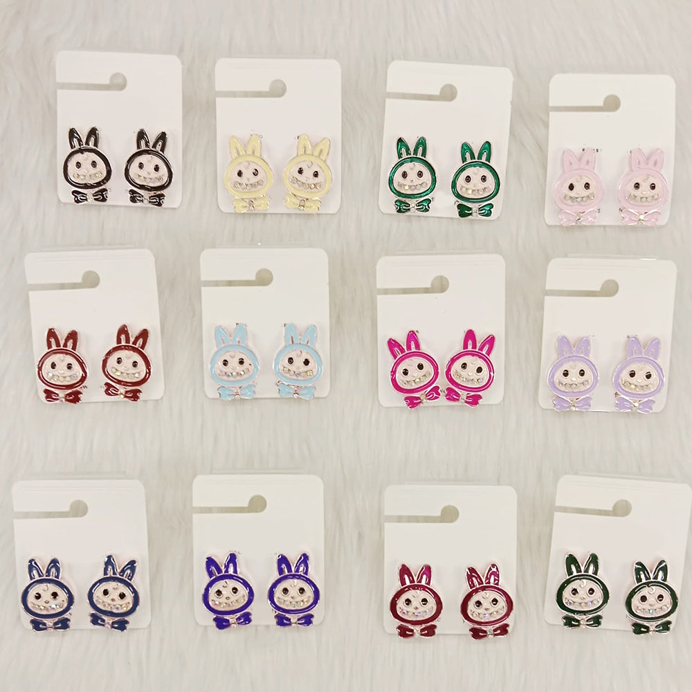 Dhwani Cartoon Style Colorful Labubu Meenakari Studs Earrings(Pack of 12)